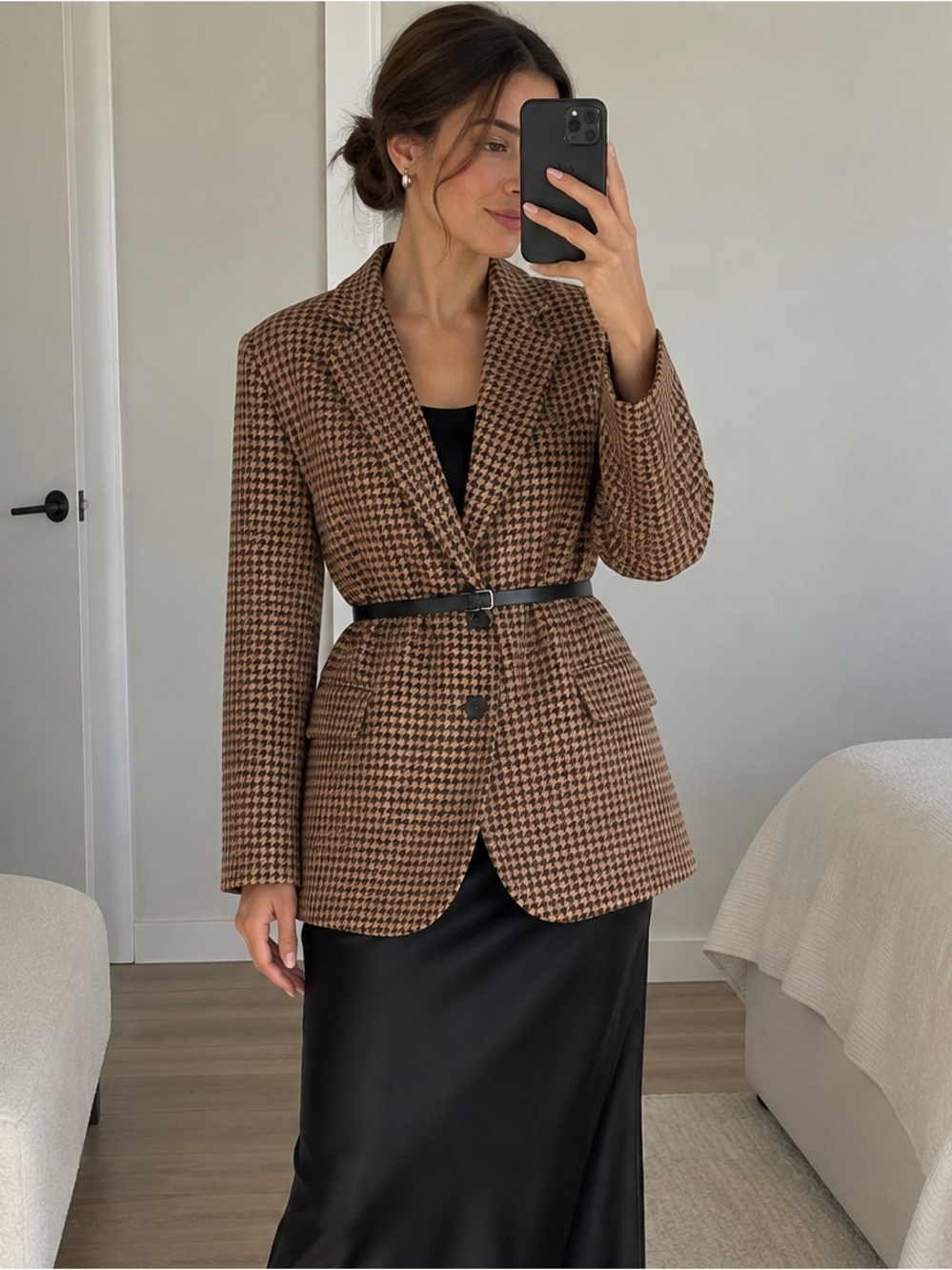 Maje Galarom Belted Houndstooth Wool-Blend Blazer Brown Size 0 XS